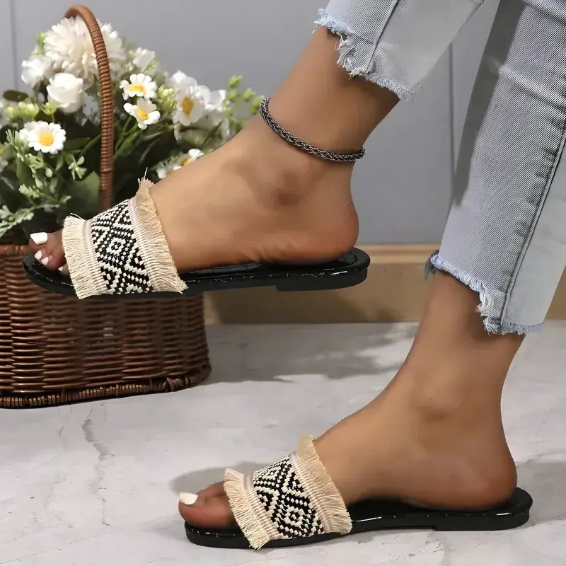 Sandales à ganse en tissu et bout en raphia - Noir